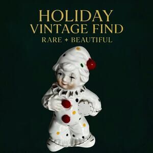 Vintage Porcelain Clown Figurine – Retro Holiday Pierrot – Polka Dot Collectible